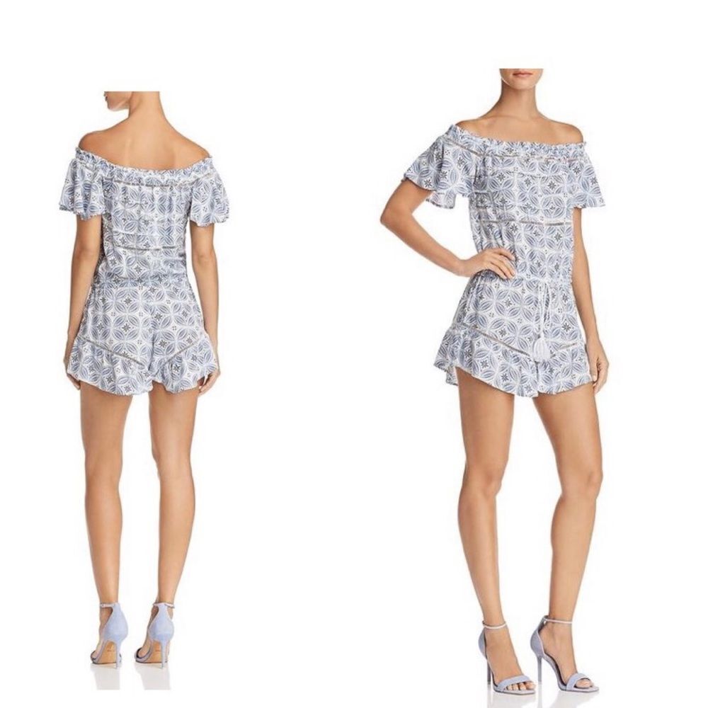 Aqua blue print off the shoulders romper S
